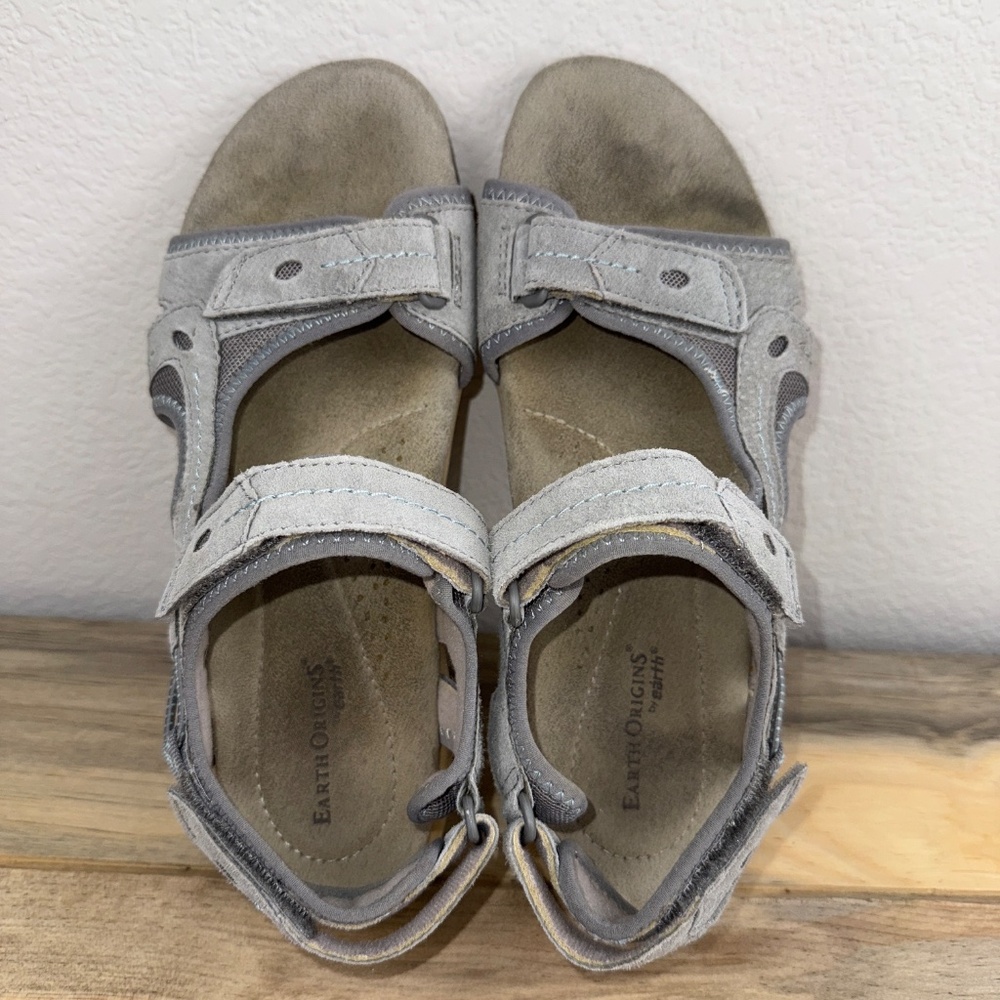 Earth Origins Gray Leather Beverly Sandals Adjustable Straps Super Comfy Size 10
